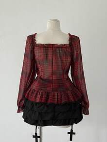 Sunspun Camisa de mujer de manga larga con volantes y decoración a cuadros, talla grande y casual - Multicolor - Ver 2