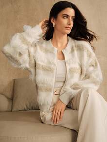 Anewsta 女士柔软蓬松流苏开衫毛衣，轻盈飘逸，适合秋季、冬季、圣诞节、新年、感恩节、外出等场合，优雅正式，时尚别致。 - 米色 - 查看 3