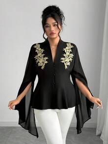 Elenzga 加大码优雅法式刺绣装饰纯色长袖衬衫，适合派对穿着 - 黑色 - 查看 1
