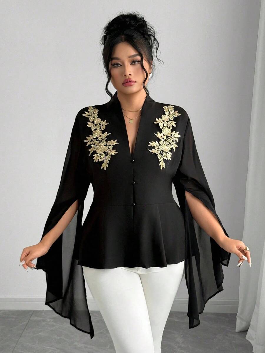 Elenzga 加大码优雅法式刺绣装饰纯色长袖衬衫，适合派对穿着 - 黑色 - 查看 1