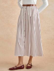 Écloséra 休闲时尚百搭弹性腰带搭配棕色皮带百褶长裙 - 咖啡棕 - 查看 5