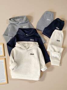 SHEIN Genkimix Kids Multi-Piece Young Boys Casual Versatile Letter Embroidered Drop Shoulder Loose Hoodie And Soft Relaxed Cuffed Pants Set. This Set Features A Simple Yet Fashionable Hooded Design To Keep Ears Warm, A Relaxed Fit For Comfort, And Soft, Skin-Friendly Fabric To Provide Healthy Care For Your Little One. It Is Very Versatile For Daily Wear, Outdoor Play, Gatherings, And Campus Styles In The Winter. - Multicolor - View 13
