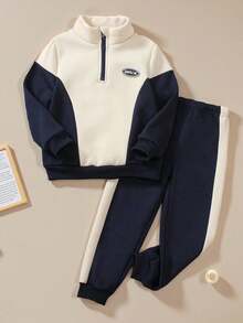 SHEIN Genkimix Kids 2pcs Young Boy Fleece Splicing Color Block Sweatshirt Jacket And Pants Set, Comfortable And Stylish - Multicolor - View 10