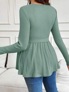 SHEIN Áo thun trơn cổ tròn tay dài dáng rộng cho bà bầu - màu xanh lá - Xem 2