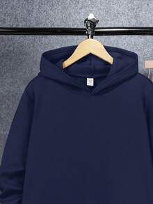 SHEIN 2 件套青少年男童休闲百搭舒适连帽纯色刺绣运动衫和裤子套装，适合派对、学校、郊游、秋冬季 - 藏蓝色 - 查看 5