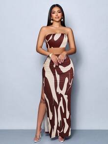 SOLERSUN Damen bedrucktes kurzes Bandeau-Top und figurbetonter Rock mit Seitenschlitz, sexy 2-teiliges Set - Verschiedenfarbig - Übersicht 5