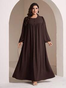 Veilorie 大码女式纯色前扣阿拉伯风格连衣裙 - 咖啡棕 - 查看 5