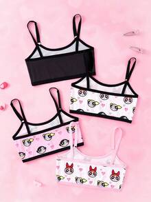 THE POWERPUFF GIRLS X SHEIN 4pcs/Set Tween Girl Blossom, Bubbles, Buttercup Pattern Soft & Comfortable Camisole Underwear,Kawaii,Cute,Sweet Fall Winter - Black - View 2