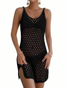 SHEIN Swim Hollow Out Split Hem Cover Up Dress Without Bikini,Summer Beach - Black - View 7