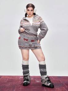 ROMWE Kawaii Falda de punto de línea A con decoración de lazo y pompón de colores para mujer talla grande, otoño/invierno - Gris - Ver 3