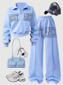 Sparklyn 2 件套青少年女孩休闲长袖印花上衣和宽松长裤套装，适合日常休闲穿着 - 藍色 - 查看 1