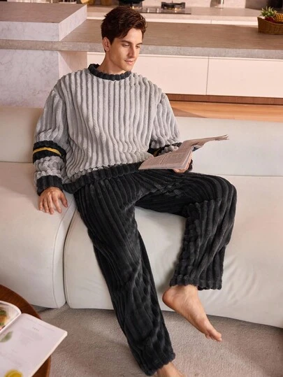 Pyjama Homme Flanelle GLOBAL - Ensemble Coton Chaud Col Rond Manches Longues, Confort Doux