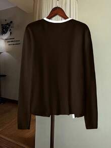 Lyxana Fashionable Minimalist Contrast Color Trim Cardigan, Versatile - Brown - View 2