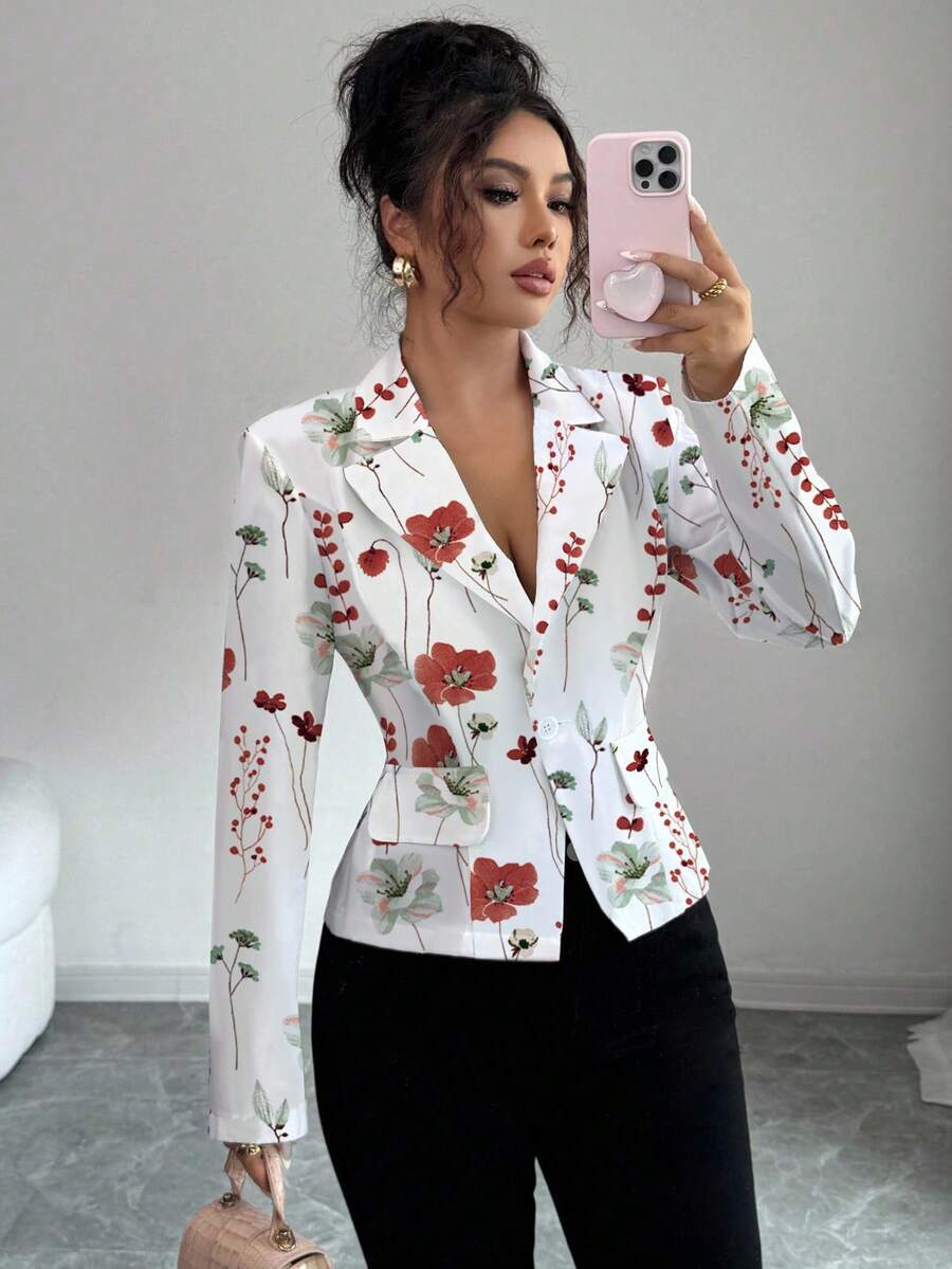 Selianne Blazer elegante e alla moda da donna, casual e confortevole, affascinante, con stampa retrò, manica lunga, collo a risvolto, vita aperta, stampa casuale - Rosso - Visualizzare 1