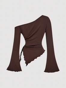 SHEIN MOD 女式黑色羊毛抽绳不对称下摆喇叭袖T恤，长袖，露肩T恤，秋冬女装，服装，舒适T恤 - 棕色 - 查看 2