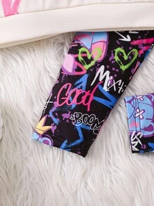 SHEIN 年轻女孩 2 件套：有趣的图案印花连帽运动衫和紧身裤，适合秋冬季、日常、休闲、运动、街头服饰