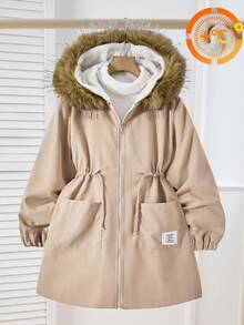 Tween 女童休闲连帽毛领加厚羊毛外套，腰部抽绳，2 个口袋带刺绣标志，适合秋冬外出，可搭配长袖、毛衣、裤子 - 卡其色 - 查看 4