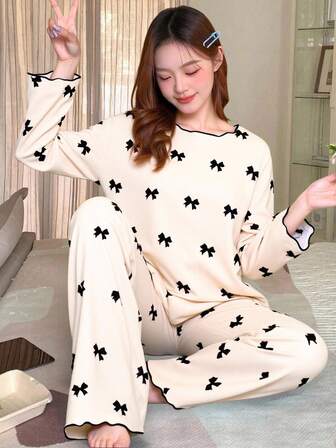 1 Set Teen Girls' Elegant Butterfly Silhouette Print Contrast Color Wavy Trim Design Long Sleeve Pajama Set, Spring/Autumn Bow Print Pajamas