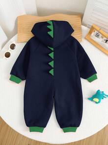 SHEIN 新生男婴可爱拼色针织恐龙连帽加厚连体衣，秋冬 - 藏蓝色 - 查看 6