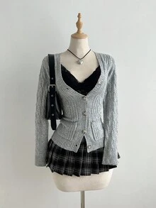 Elamini Áo khoác cardigan dệt kim dài tay bó sát màu trơn có túi dành cho nữ, mùa thu - Xám - Xem 3