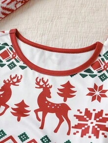 SHEIN 1 套圣诞快乐少女紧身睡衣，长袖勃艮第上衣，带有驯鹿、绿色和红色雪花、红色和白色几何印花，配套裤子，柔软弹力针织面料，可机洗，穿着舒适，家庭配套服装（4 套单独出售） - 彩色 - 查看 5