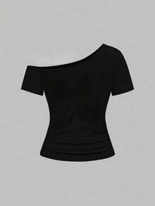 ROMWE Avant 女款韩流休闲不对称领口旗帜和爱心嘴唇印花T恤，夏季