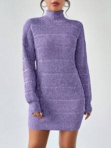 RosyDaze Women's Casual High Neck Drop Shoulder Long Sleeve Knitted Sweater Dress, Autumn/Winter - Purple - View 5