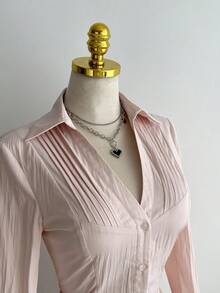 Elamini 1 Áo cánh nữ cổ chữ V xếp ly ôm vừa vặn, gợi cảm & đa năng, tay dài, mùa thu - Hồng - Xem 4