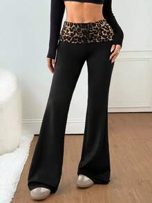 SHEIN PETITE Women's Casual Black Knitted Flare Leg Pants With Ruched Leopard Print Waistband Extra Long And Stylish Textured Pattern Cheetah Pants Leopard Print Pants Black Flare Pants Cheetah Print Bottoms Flared Leggings,Black Pants - Black - View 3