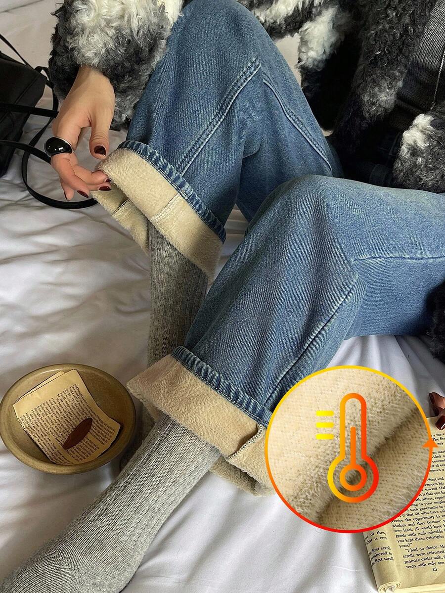 DAZY Damjeans med raka ben och mjuka, termofodrade jeans, blå tvättade, rak passform, termofodrade, vinter - Mediumtvätt - Visa 1