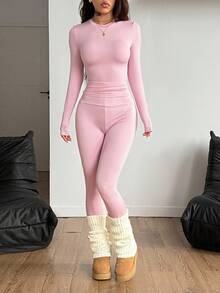 Coolane 女式秋季酷女孩街头服饰可爱外出长袖弹力舒适粉色 T 恤和高弹力紧身裤粉色瑜伽裤 2 件/两件 - 粉色 - 查看 5