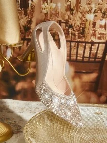 CUCCOO TILAWA Fashionable Sexy Pointed Toe Thin High Heel Hollow Out Rhinestone Glamorous Party Champagne Women's High Heel Pumps For Christmas - Champagne - View 12
