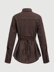 Aloruh Women's Elegant Striped Button-Up Cinched Waist Shirt, Back To School Teacher, Fall Clothes For Women, Fall Tops, Brown Shirt, Brown Tops - Multicolor - View 7
