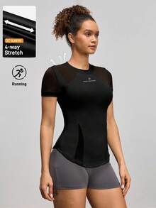 Easithlete Women's Letter Print Mesh Patchwork Short Sleeve Outdoor T-Shirt Fitted Shirt Gym Shirts