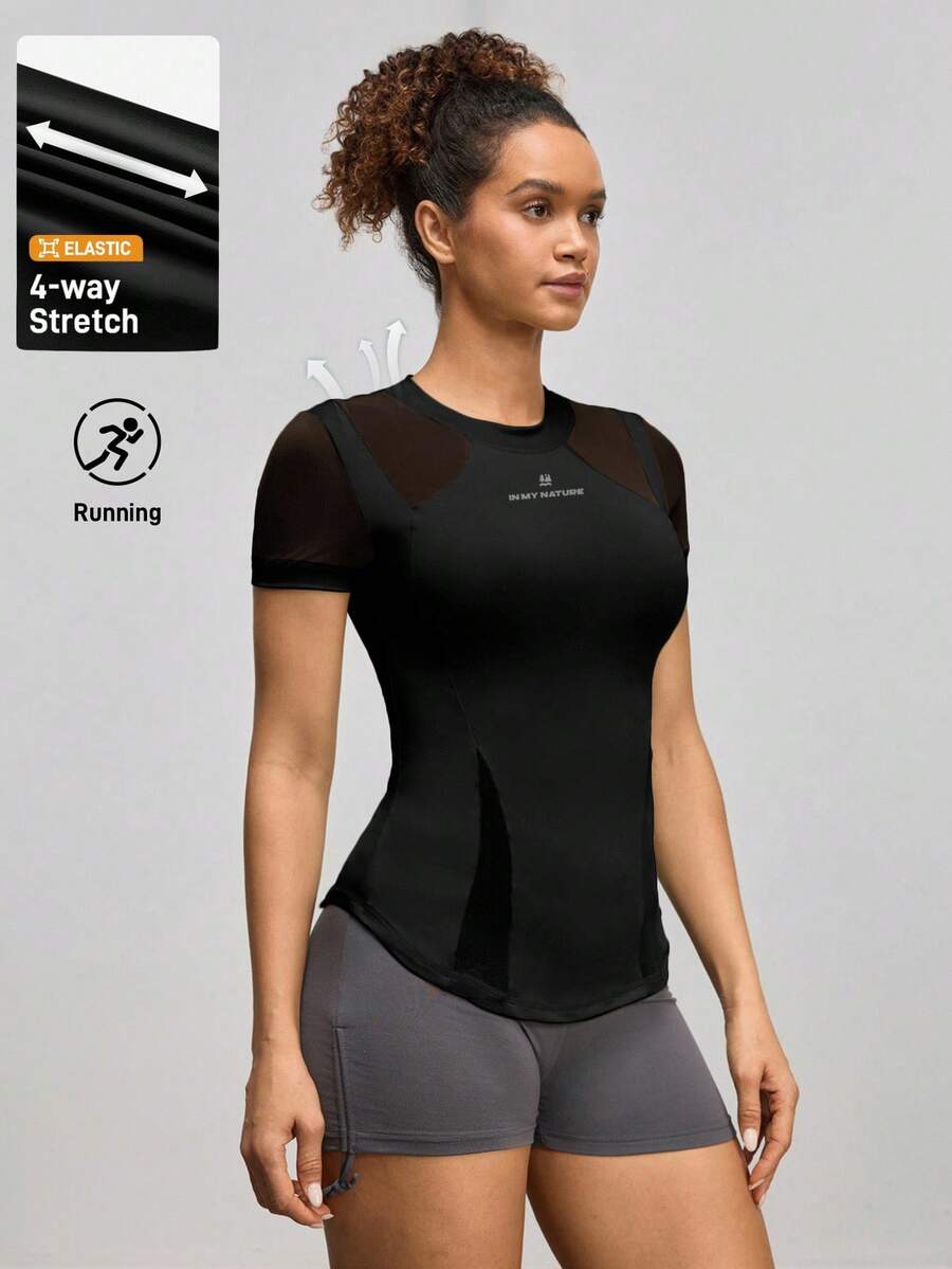 Easithlete Women's Letter Print Mesh Patchwork Short Sleeve Outdoor T-Shirt Fitted Shirt Gym Shirts