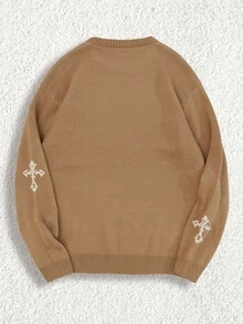RueChic Men Cross Pattern Crew Neck Regular Sweater - Brown - View 2