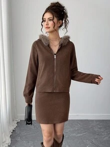 2 件套青少年女孩毛衣连帽夹克和紧身迷你裙套装，秋季时尚套装 - 灰色 - 查看 3