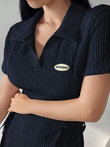 Modelyn Plus Size Polo Collar Textured Fabric Waist Tie Cinched Waist Dress - Navy Blue - View 5