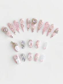 ROMWE Anime 10pcs Cute Wings, Rose, Bow, Music Note, Star Element High Quality Handmade False Nails + 3pcs Double-Sided Adhesive, Y2K Style Rhinestone Pink Polka Dot White Lace Removable Manicure Stickers, Suitable For Holidays, Parties, Dancing And Daily Wear - 彩色 - 查看 2