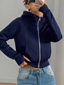 SHEIN EZwear 女式海军蓝休闲日常拉链连帽衫，秋季 - 藏蓝色 - 查看 4