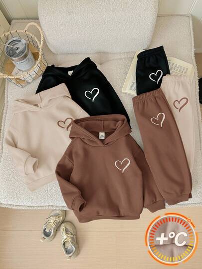 SHEIN 6件套女宝宝可爱纯色爱心图案连帽卫衣和松紧腰裤套装，秋冬季女宝宝连帽衫，棕色女宝宝套装，女宝宝运动服，女宝宝连帽衫套装