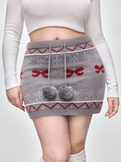 Kawaii Weihnachts Farbblock Schleife & Bommel Dekoration Damen Große Größen Gestrickte A-Linie Rock, Herbst/Winter
