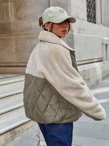 EURMUSE Padded Coat With Fur Collar And Patchwork, Two Pockets At Front, Snap Buttons, Quilting Details - Mocha Brown - View 2
