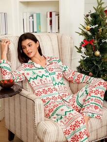 Christmas Theme Print Cardigan Collar Pajama Set Christmas Pajamas Women Lounge Sets For Women Sleepwear Women Pj Sets Christmas Pj Pajama Sets For Women Winter, Fall Clothes
