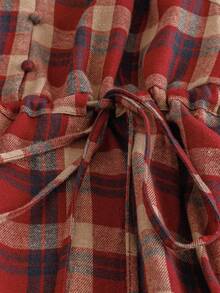 SHEIN LUNE 大码女式红棕色格子束腰荷叶边领前纽扣复古休闲日常连衣裙，秋冬 - 彩色 - 查看 7