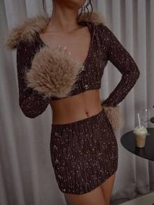 MUSERA Plunge V Neckline Button Down Fur Trim Detail Crop Top & Skirt Set Streetwear Classy Casual Sexy Going Out Fall Autumn Toffee Party Spring - Multicolor - View 7