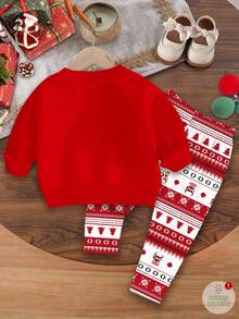 SHEIN Happikins Baby Girl Cute & Funny Christmas Reindeer, Fair Isle Pattern, Christmas Red, Festive, Soft Thick Crew Neck Long Sleeve Sweatshirt And Leggings Set, Suitable For Autumn/Winter Christmas Baby Girl Christmas Outfits Baby Girl Christmas Pajama Toddler Christmas Pajamas Toddler Long Sleeve Christmas Outfit Toddler Girl Christmas Outfit - Multicolor - View 2