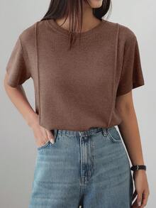 Dazy-Less Women's Loose Fit Round Neck Patchwork Short Sleeve Business Casual T-Shirt, Summer