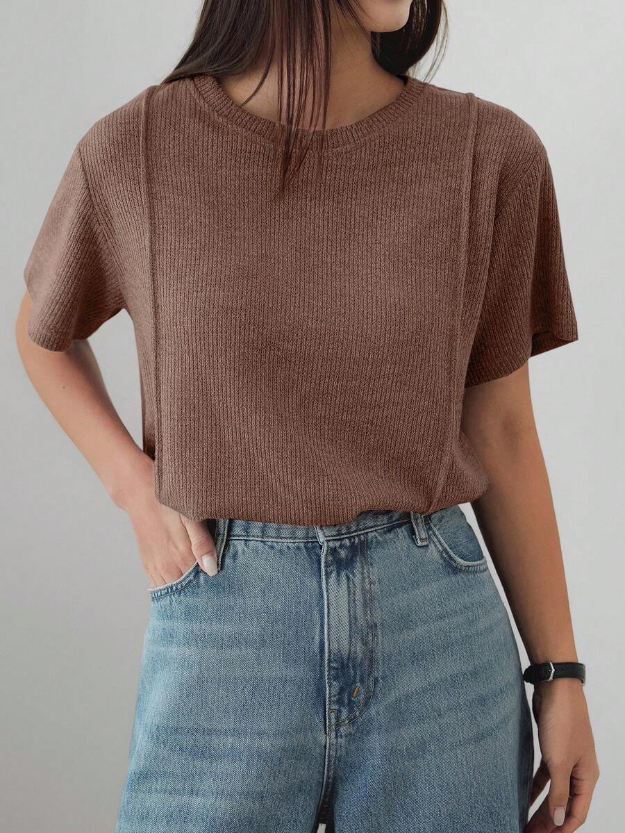 Dazy-Less Women's Loose Fit Round Neck Patchwork Short Sleeve Business Casual T-Shirt, Summer