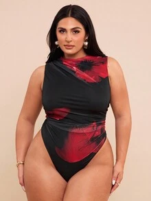 SHEIN BAE Mono elegante sin mangas con pliegues, estampado floral rojo y negro, adecuado para Navidad y Halloween, tallas grandes para mujeres